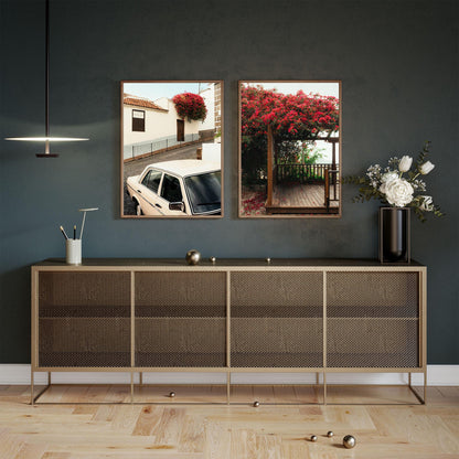 Classic Bougainvillea - Set of 2 floral prints above a sideboard with vase on a dark wall in a modern living room.