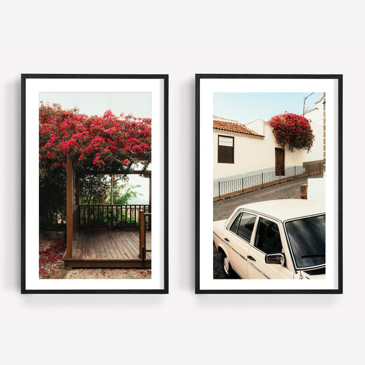 Classic Bougainvillea - Set of 2: framed photos of a flowered pergola and a white car by a house with red blooms.