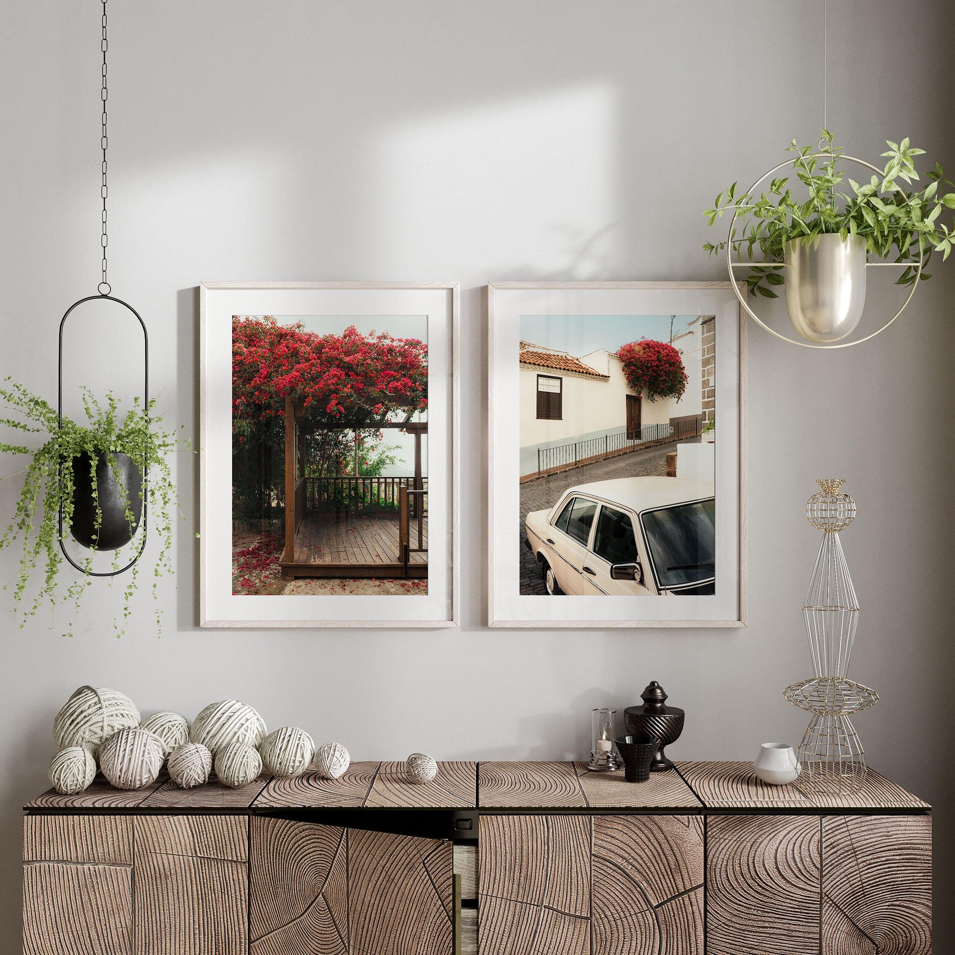 Classic Bougainvillea - Set of 2 adds vibrant color to a cozy room with wooden cabinet, art, and potted plants.