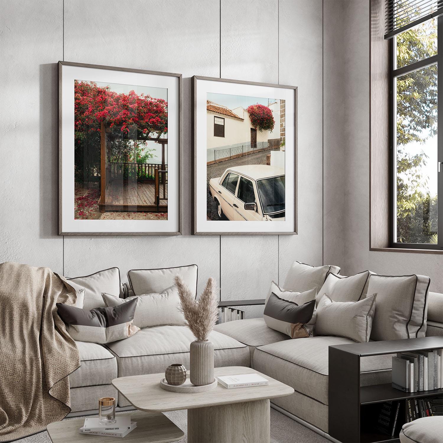 Modern living room with neutral decor, beige sectional, and Classic Bougainvillea - Set of 2 wall art.