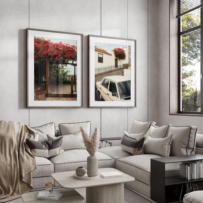 Modern living room with neutral decor, beige sectional, and Classic Bougainvillea - Set of 2 wall art.