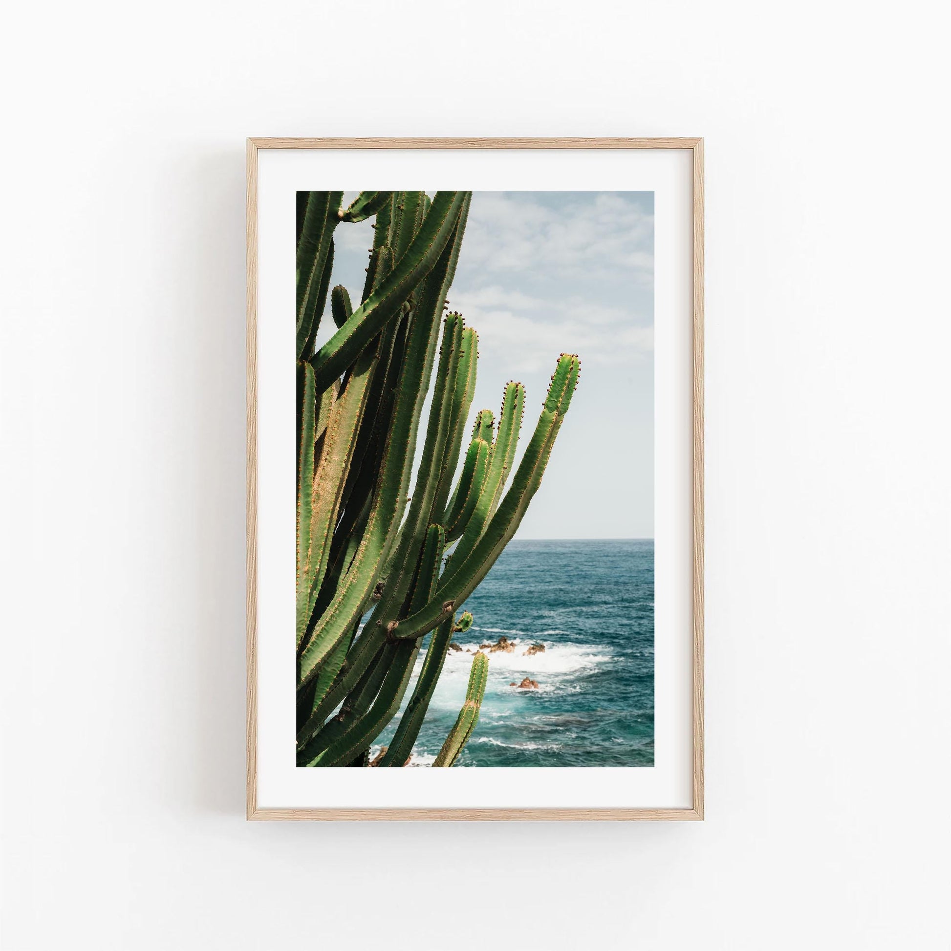 Framed photo titled Coastal Cactus featuring a tall green cactus by the ocean with blue sky and waves.