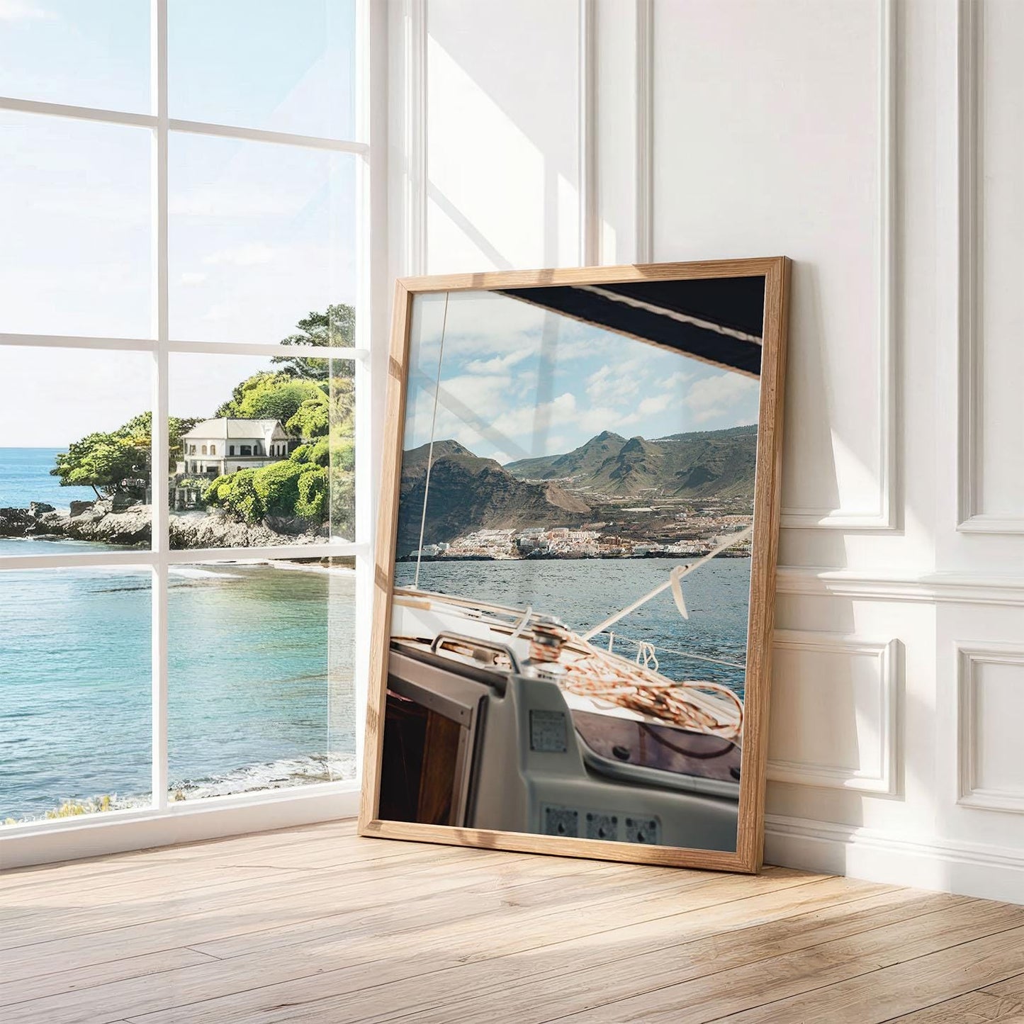 Tenerife Spain Chic Boat Photo, Coastal Yacht Photography, Framed Nautical Wall Art, Calm Luxury Boat, Canary Islands Ocean, Europe Boat Sea
