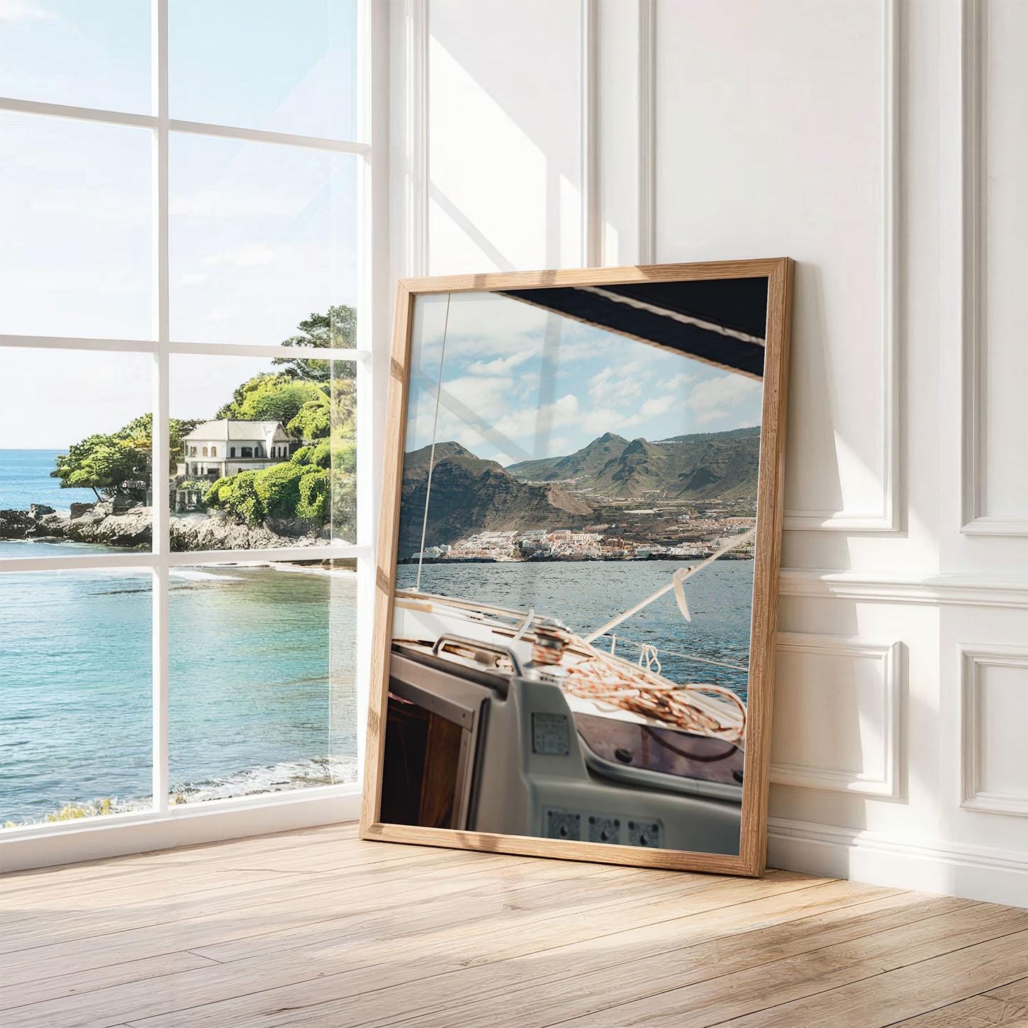 Tenerife Spain Chic Boat Photo, Coastal Yacht Photography, Framed Nautical Wall Art, Calm Luxury Boat, Canary Islands Ocean, Europe Boat Sea