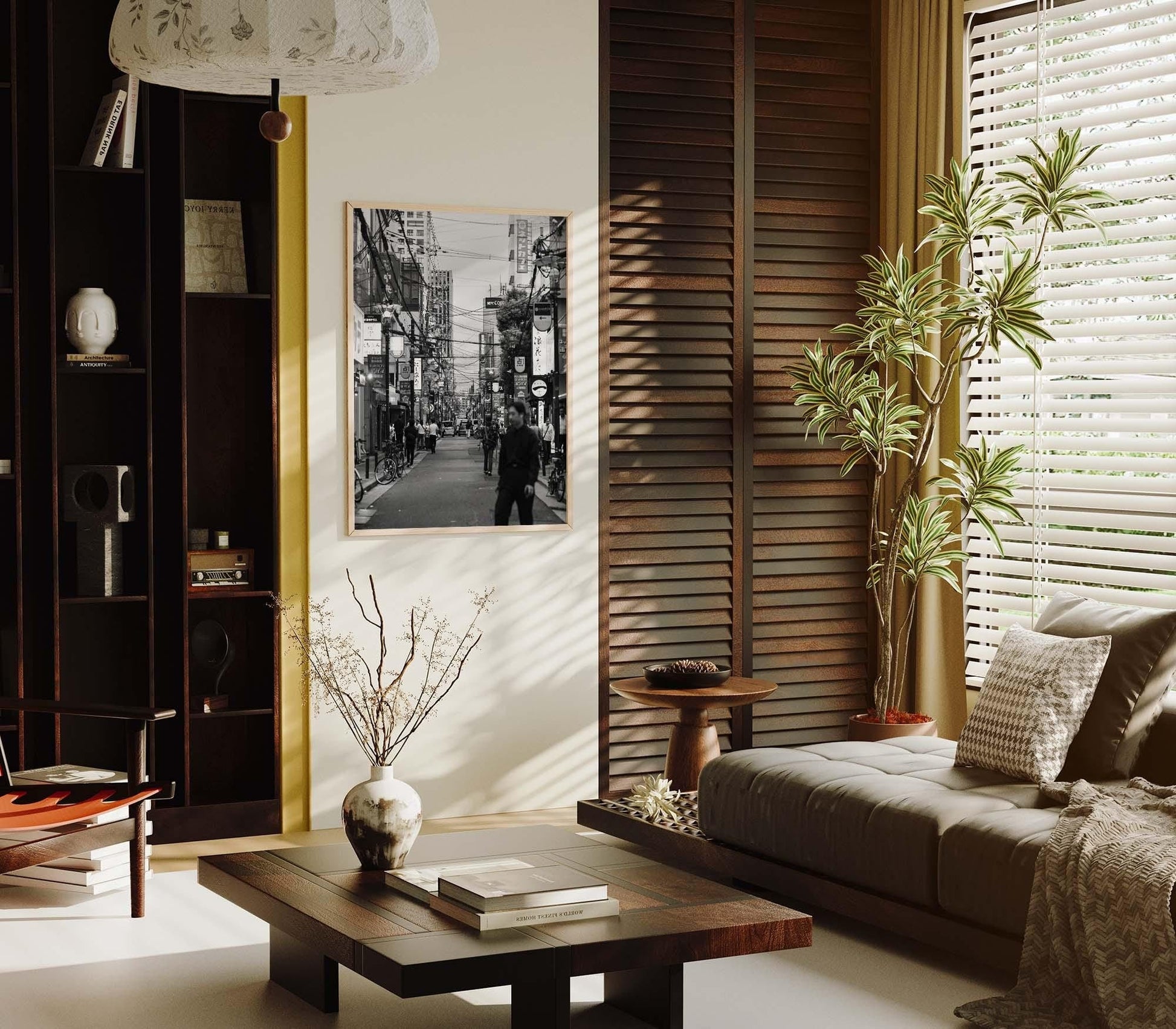 Zen living room featuring Echoes of Osaka black-and-white Japanese print on the wall as soft light filters through blinds. 