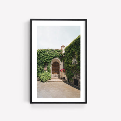 Set of 3 framed photos, "European Charm," featuring an ivy-covered house with a wooden arched door.