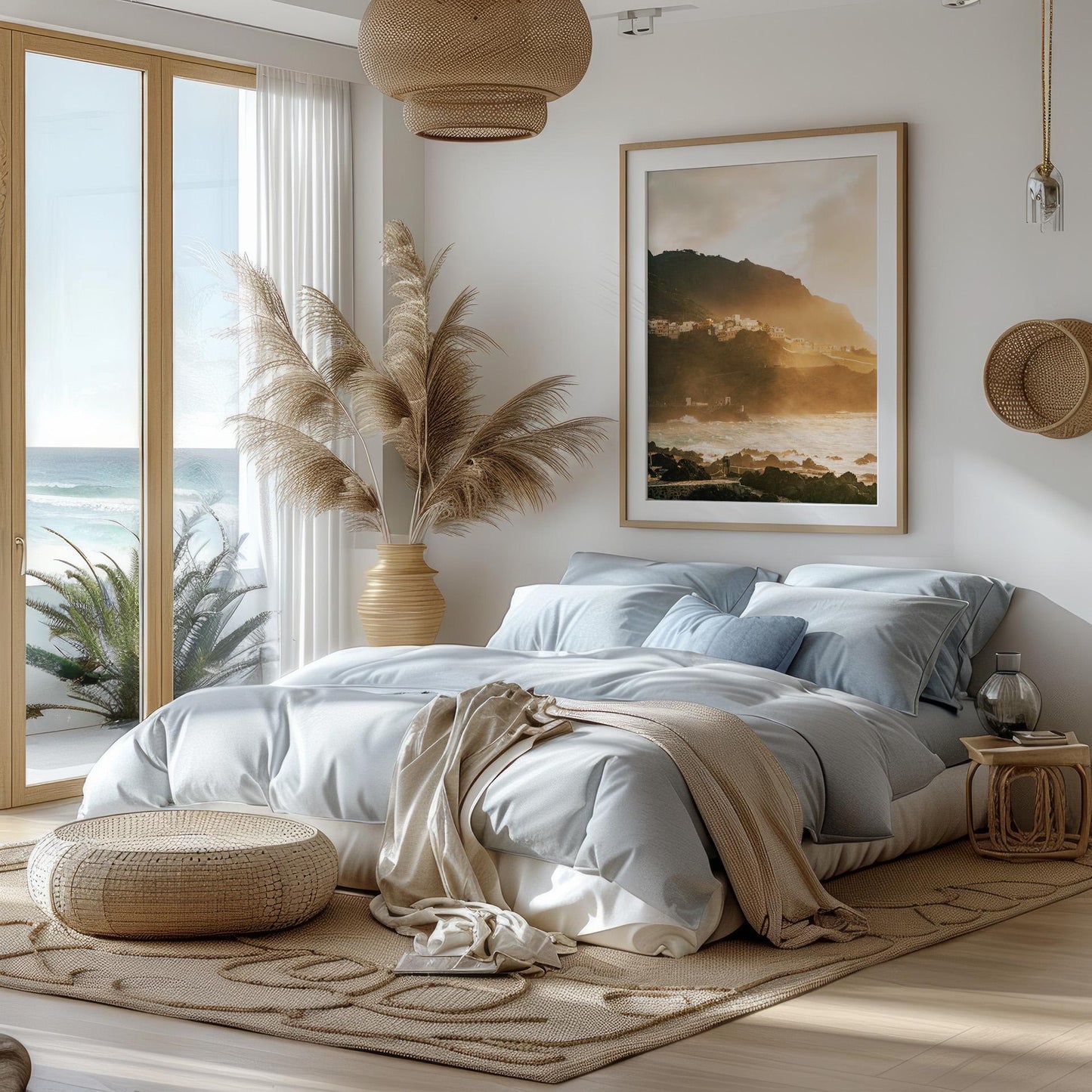 Cozy bedroom with ocean view, soft bedding, pampas grass, and Golden Garachico coastal decor in natural tones.