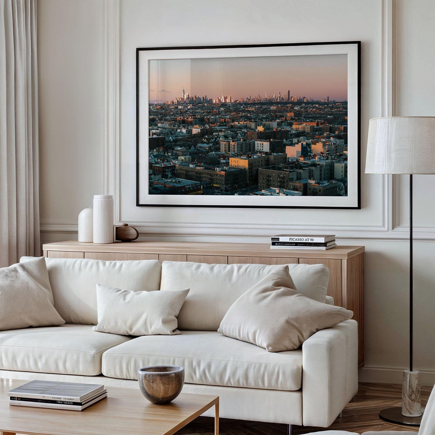 A modern living room with a white sofa, wooden sideboard, and large framed Skyline From Brooklyn artwork on the wall.