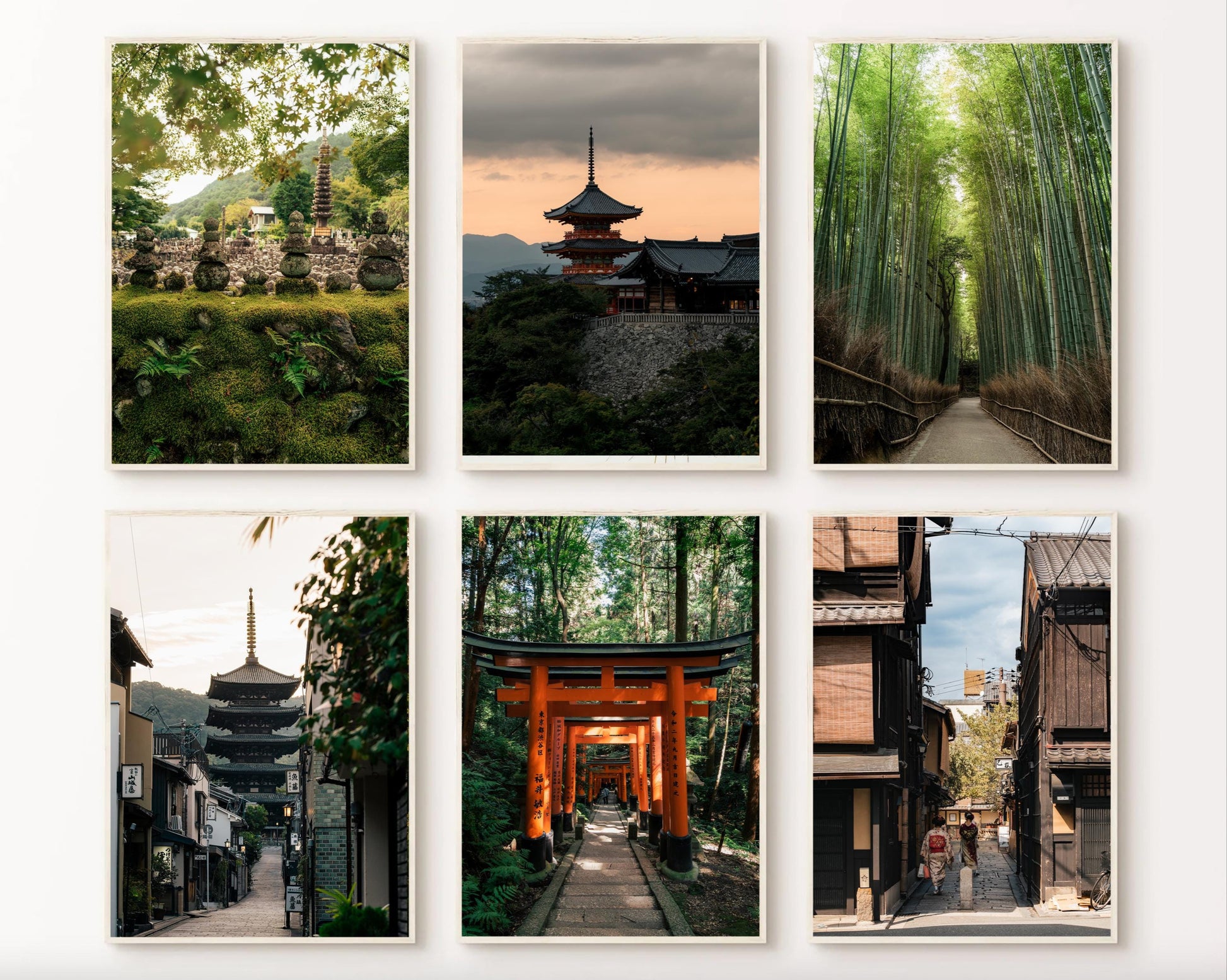 Kyoto - Set of 6 framed photos featuring pagodas, stone statues, a bamboo forest, torii gate, and wooden buildings.