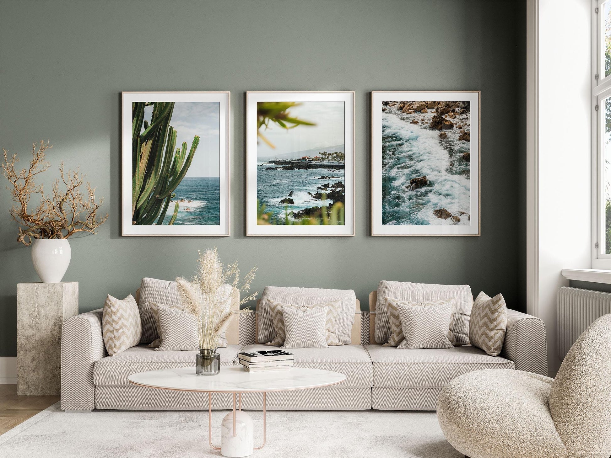 Modern living room with a beige sofa, neutral decor, and Puerto de la Cruz - Set of 3 photos on a green wall.