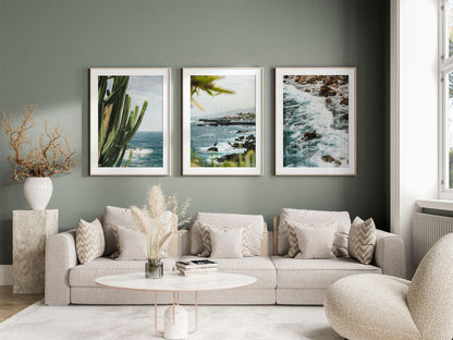 Modern living room with a beige sofa, neutral decor, and Puerto de la Cruz - Set of 3 photos on a green wall.