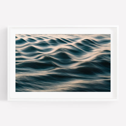 Silk Waves: A framed photo of gentle ocean waves with soft light on a white background.