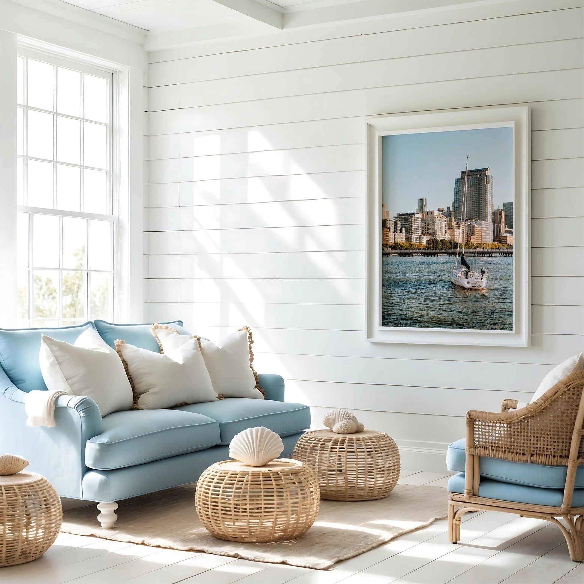 Bright coastal living room featuring the Tribeca Waters sofa, wicker chairs, round poufs, and a cityscape photo.