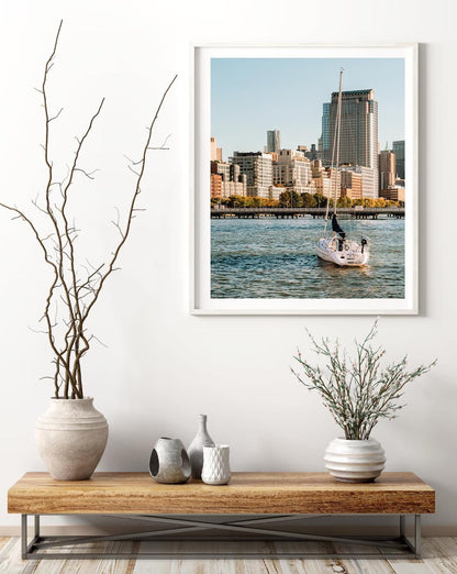 New York City Waterfront Fine Art Photography, Hudson River Park Sailboat Wall Art, Framed Refreshing Tribeca and Chelsea Pier Boat Print
