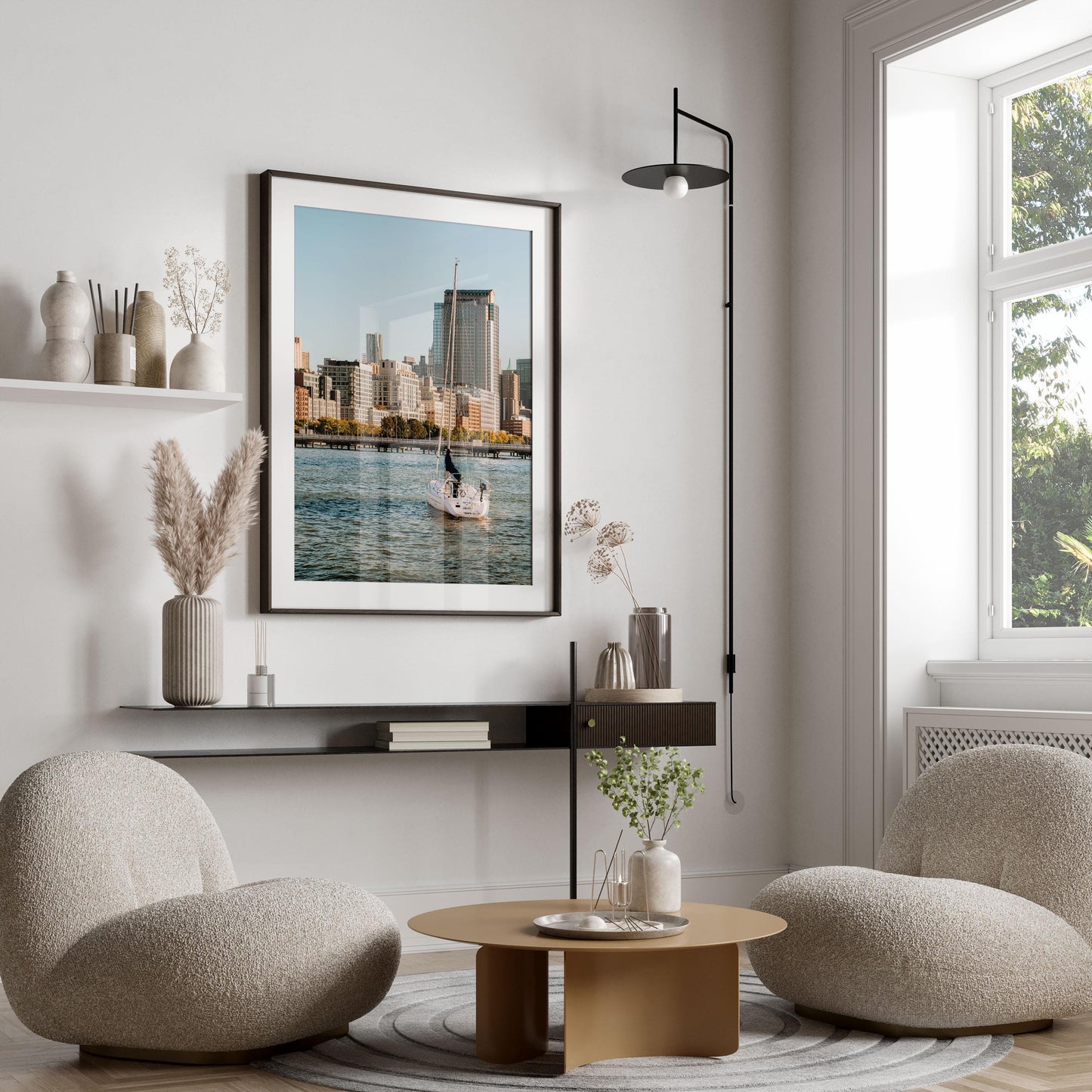 Modern living room with Tribeca Waters, two round chairs, a circular coffee table, and neutral decor by the window.
