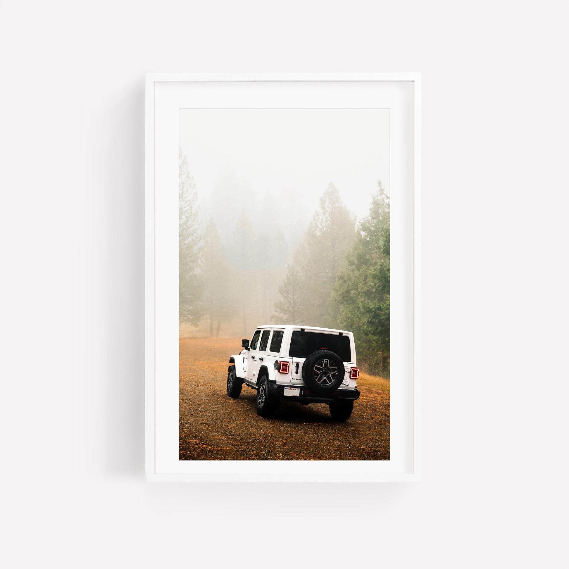 White Jeep Wrangler Off-Road Forest Adventure Photography, Rugged Vehicle Misty Forest Fog Print, California USA Nature Car Wall Art