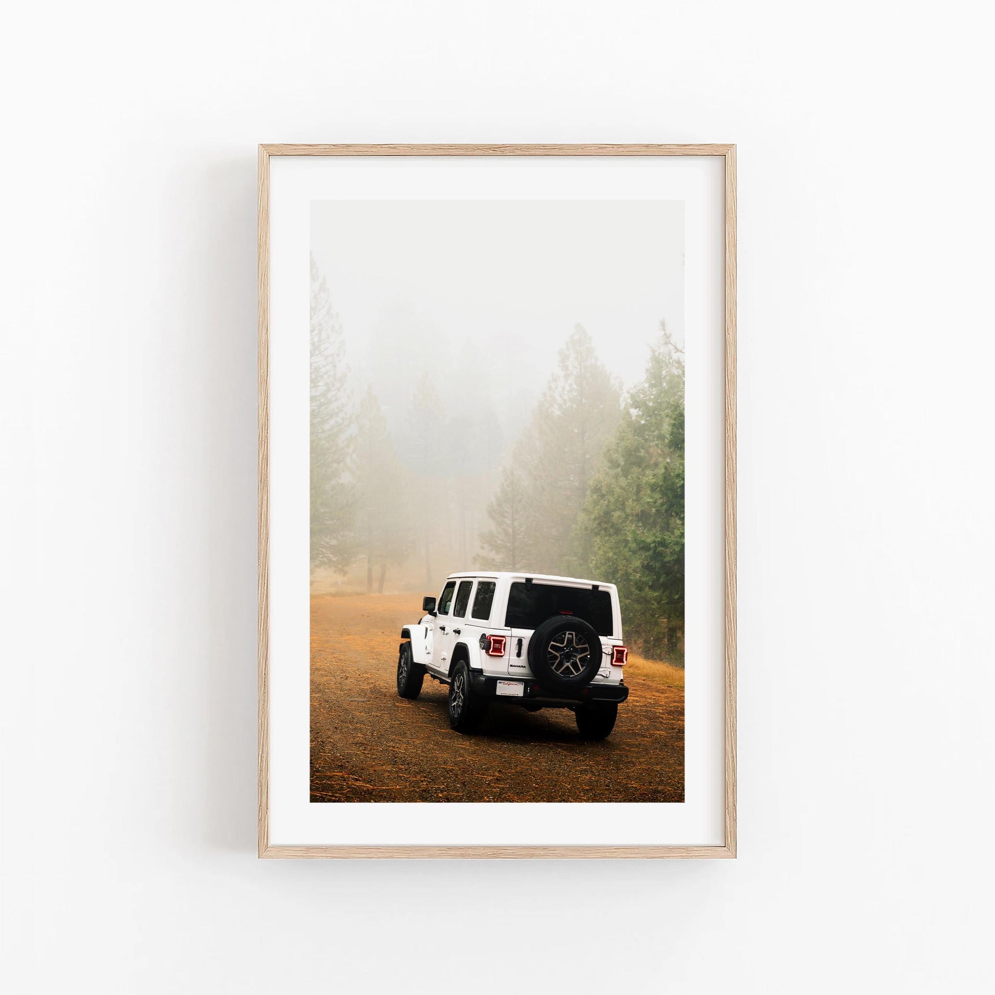 White Jeep Wrangler Off-Road Forest Adventure Photography, Rugged Vehicle Misty Forest Fog Print, California USA Nature Car Wall Art