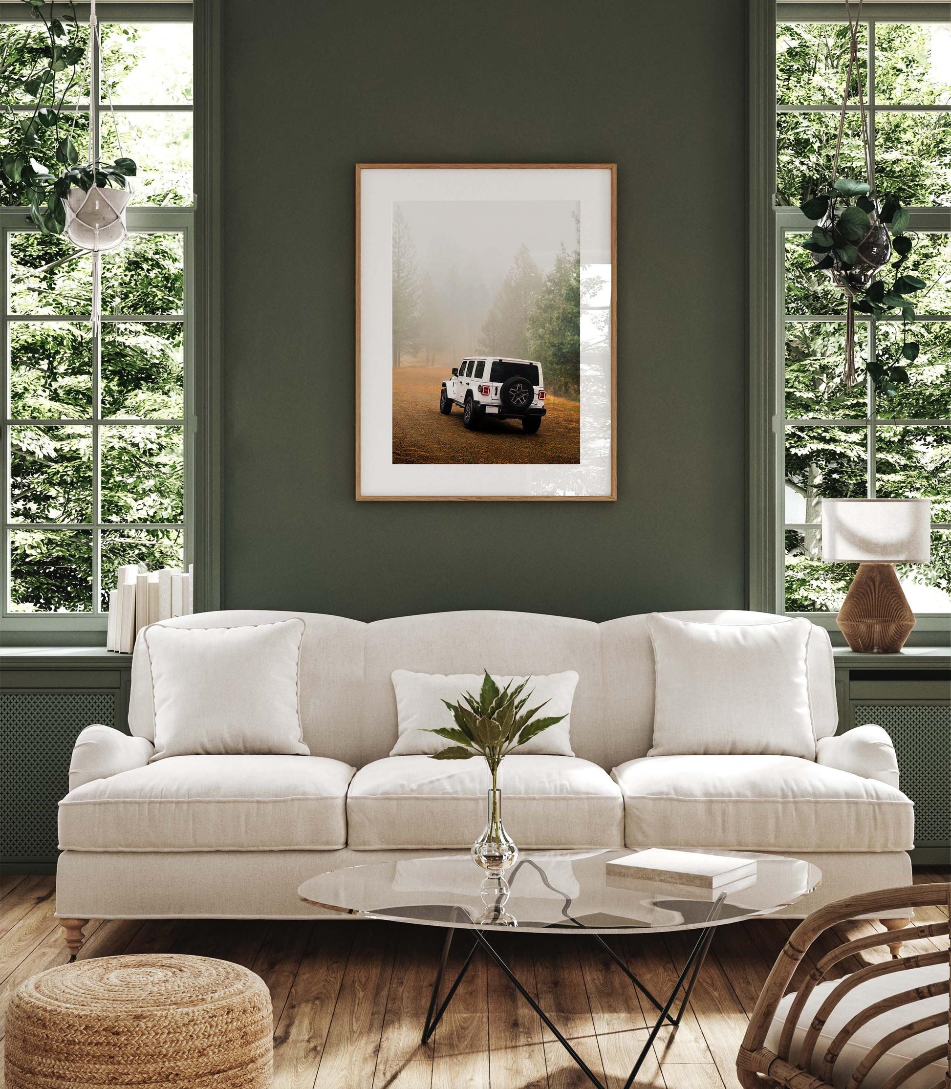 White Jeep Wrangler Off-Road Forest Adventure Photography, Rugged Vehicle Misty Forest Fog Print, California USA Nature Car Wall Art