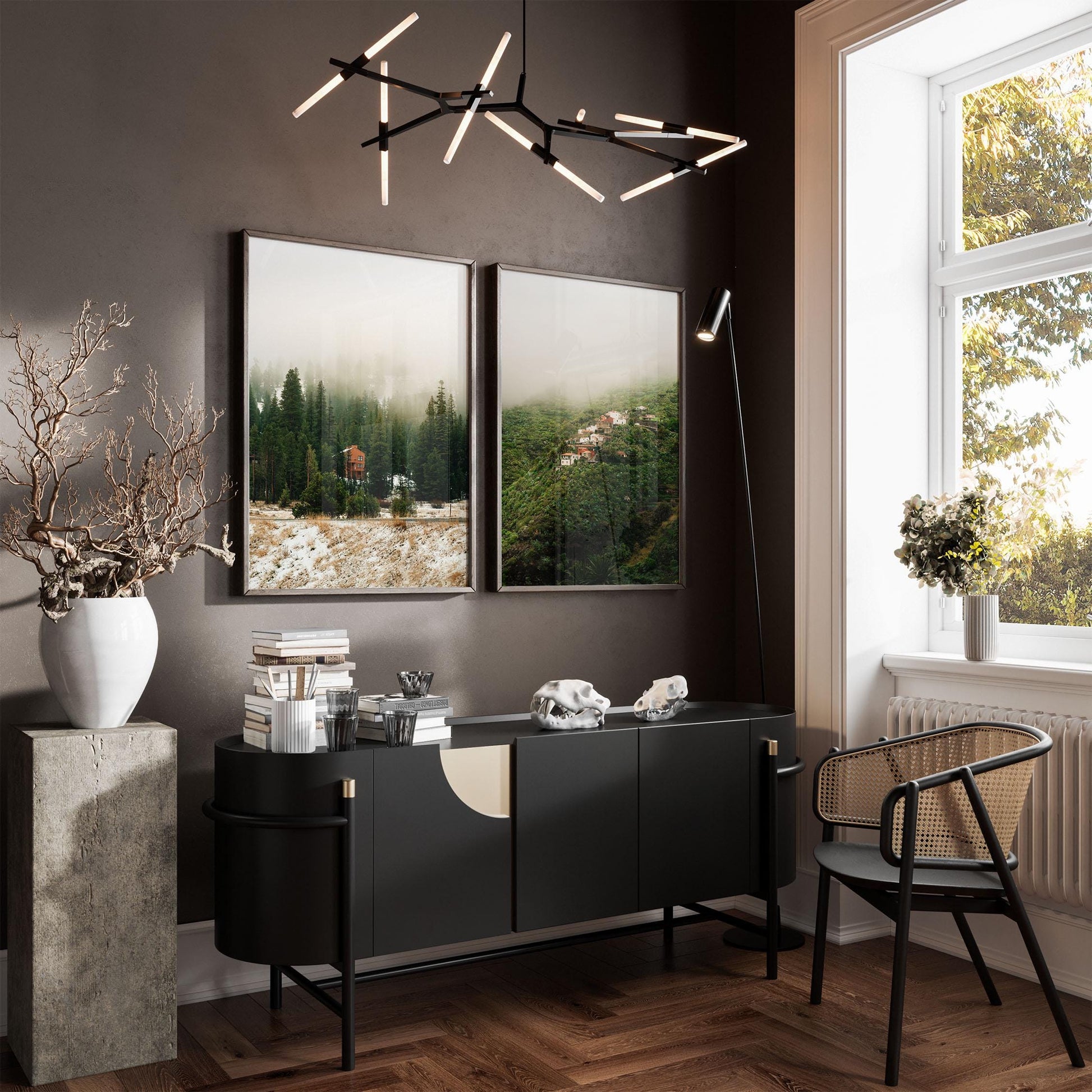 Set of 2 Misty Mountain Fine Art Photography Prints, Minimalist Forest Fog Photos, Calming Nature Matching Posters, Framed and Unframed