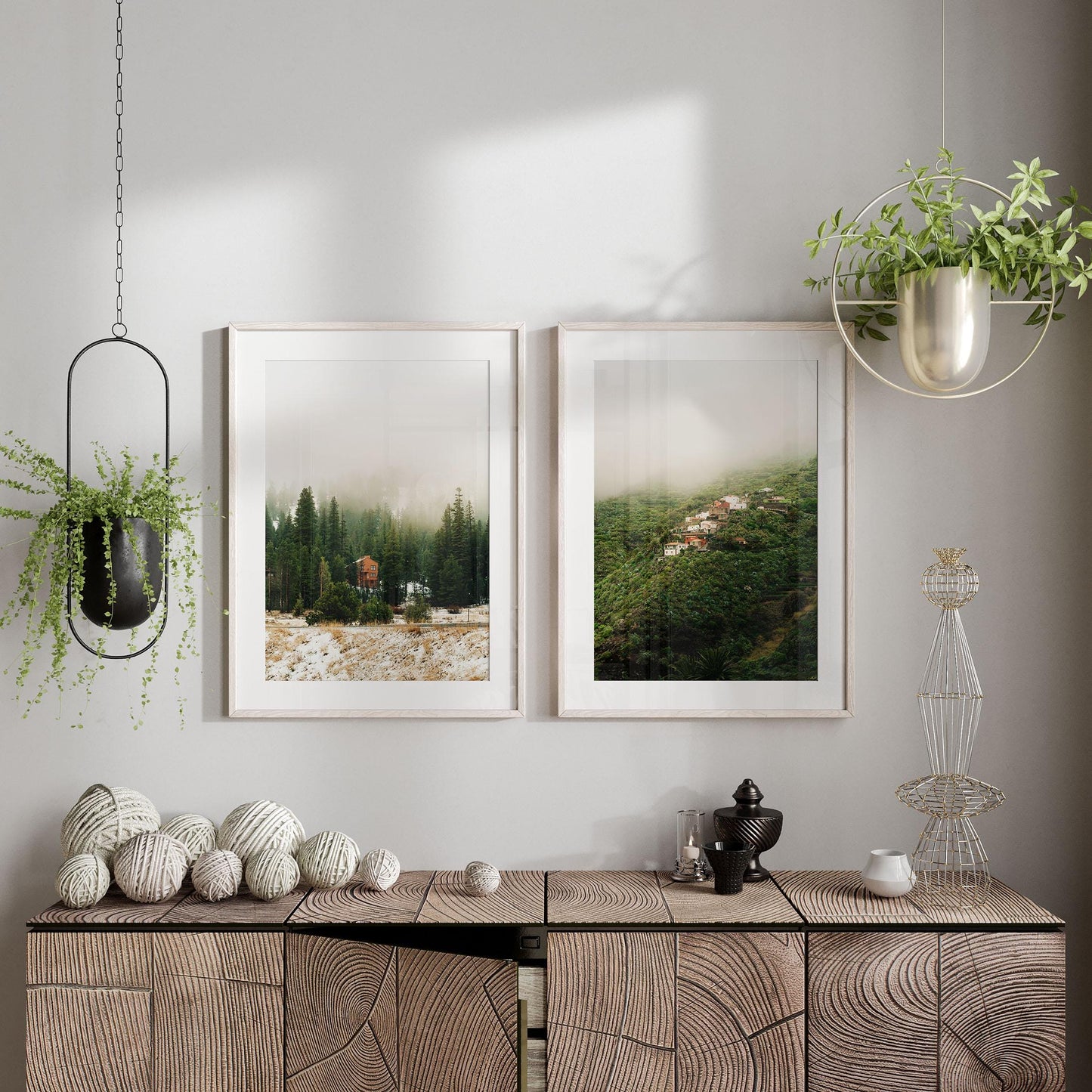 Set of 2 Misty Mountain Fine Art Photography Prints, Minimalist Forest Fog Photos, Calming Nature Matching Posters, Framed and Unframed