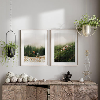 Set of 2 Misty Mountain Fine Art Photography Prints, Minimalist Forest Fog Photos, Calming Nature Matching Posters, Framed and Unframed