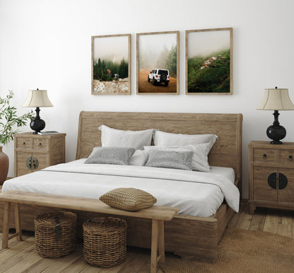 Set of 3 Adventure Nature Travel Photography Prints, Misty Mountain Landscape, Jeep Wrangler Off-Road Photo Wall Art