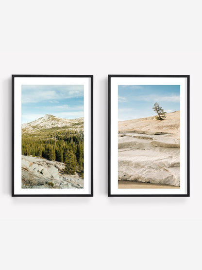 Sierra Stillness - Set of 2: framed landscapes of a forested mountain and a rocky hill with lone tree under blue skies.