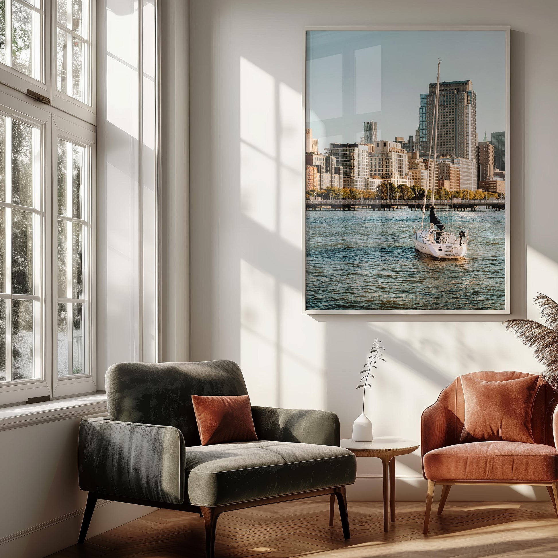 New York City Waterfront Fine Art Photography, Hudson River Park Sailboat Wall Art, Framed Refreshing Tribeca and Chelsea Pier Boat Print