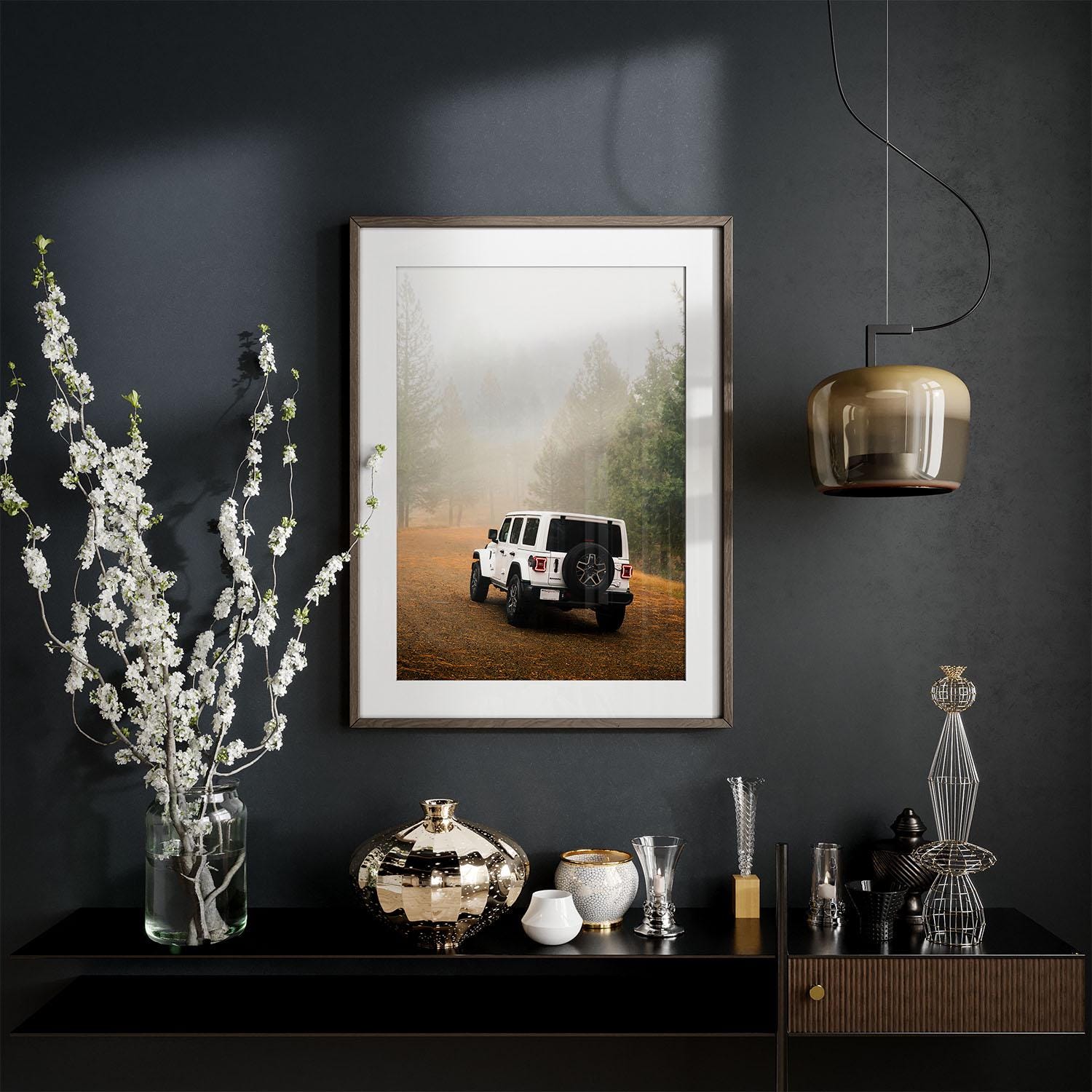 White Jeep Wrangler Off-Road Forest Adventure Photography, Rugged Vehicle Misty Forest Fog Print, California USA Nature Car Wall Art