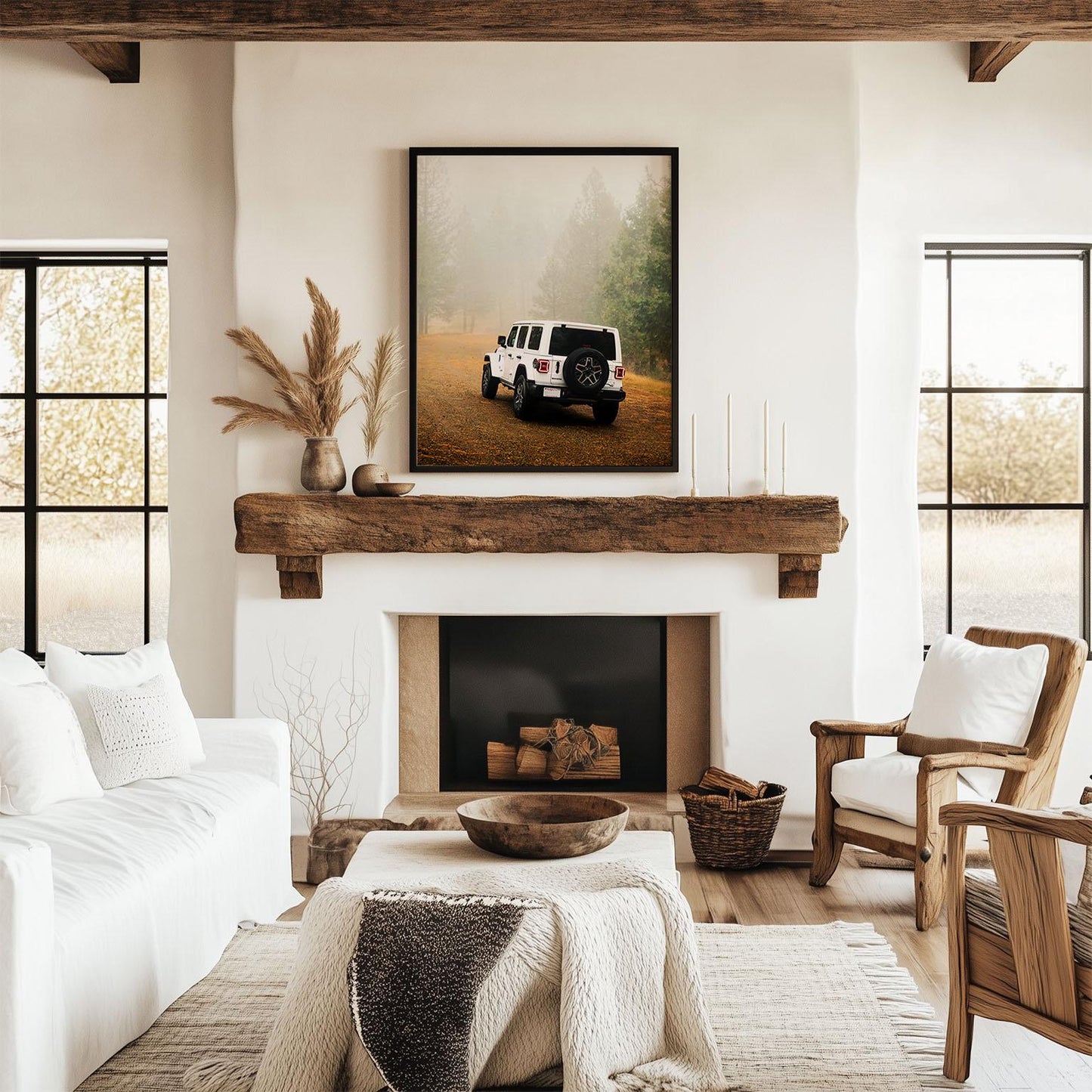 White Jeep Wrangler Off-Road Forest Adventure Photography, Rugged Vehicle Misty Forest Fog Print, California USA Nature Car Wall Art