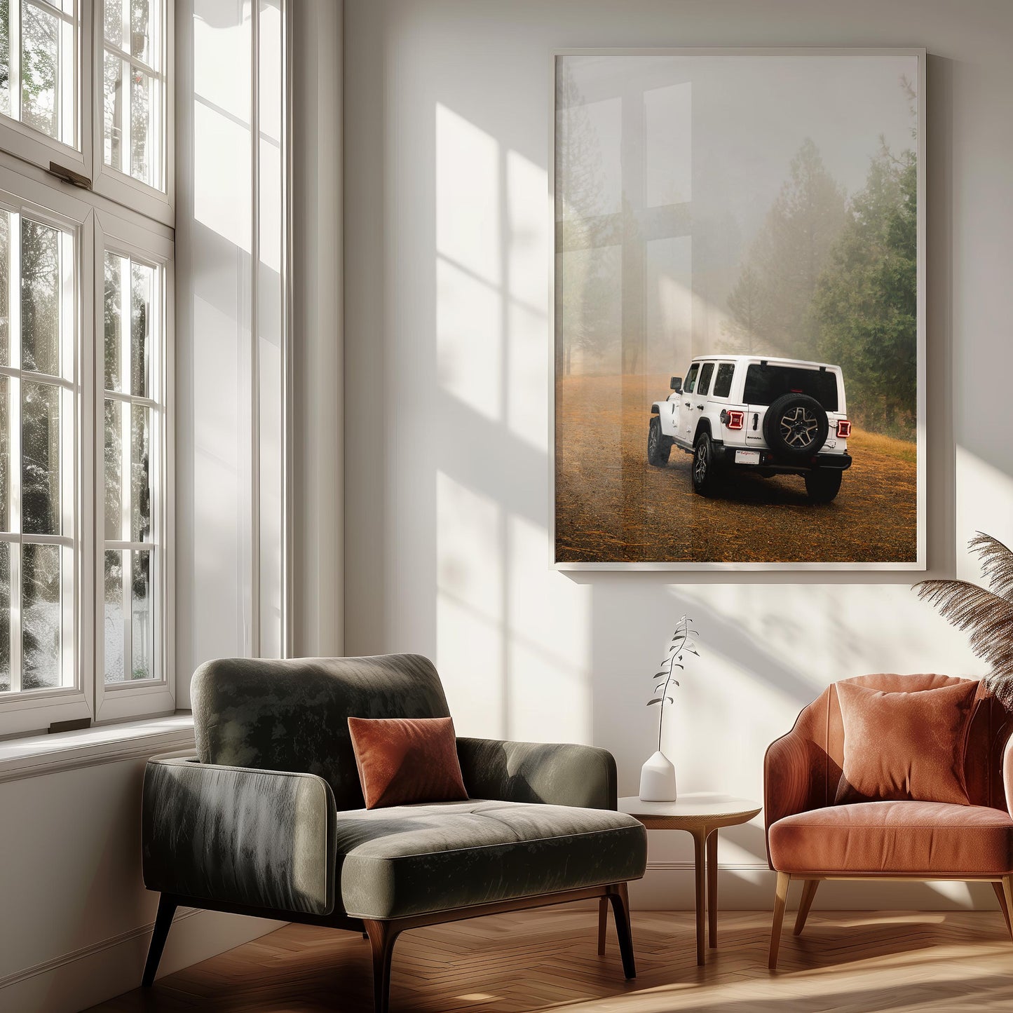 White Jeep Wrangler Off-Road Forest Adventure Photography, Rugged Vehicle Misty Forest Fog Print, California USA Nature Car Wall Art