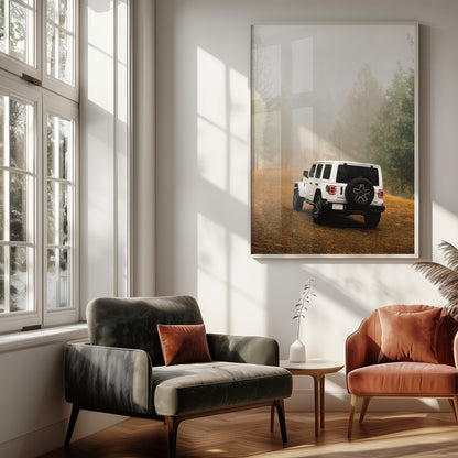 White Jeep Wrangler Off-Road Forest Adventure Photography, Rugged Vehicle Misty Forest Fog Print, California USA Nature Car Wall Art