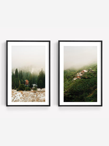 Set of 2 Misty Mountain Fine Art Photography Prints, Minimalist Forest Fog Photos, Calming Nature Matching Posters, Framed and Unframed