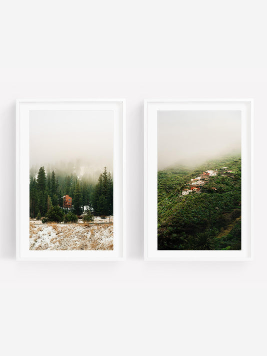 Set of 2 Misty Mountain Fine Art Photography Prints, Minimalist Forest Fog Photos, Calming Nature Matching Posters, Framed and Unframed
