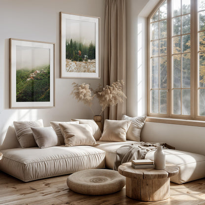 Set of 2 Misty Mountain Fine Art Photography Prints, Minimalist Forest Fog Photos, Calming Nature Matching Posters, Framed and Unframed