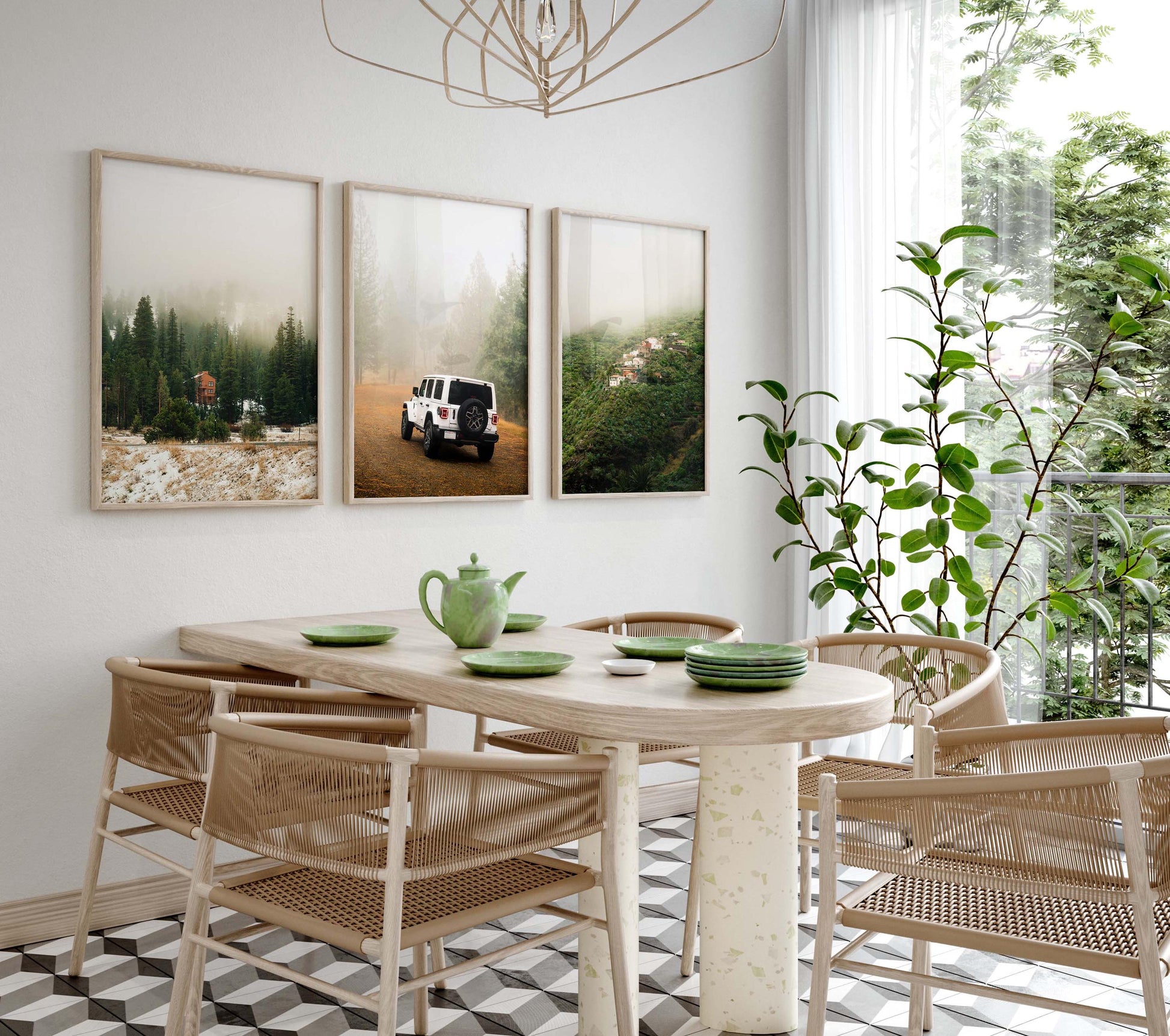 Set of 3 Adventure Nature Travel Photography Prints, Misty Mountain Landscape, Jeep Wrangler Off-Road Photo Wall Art