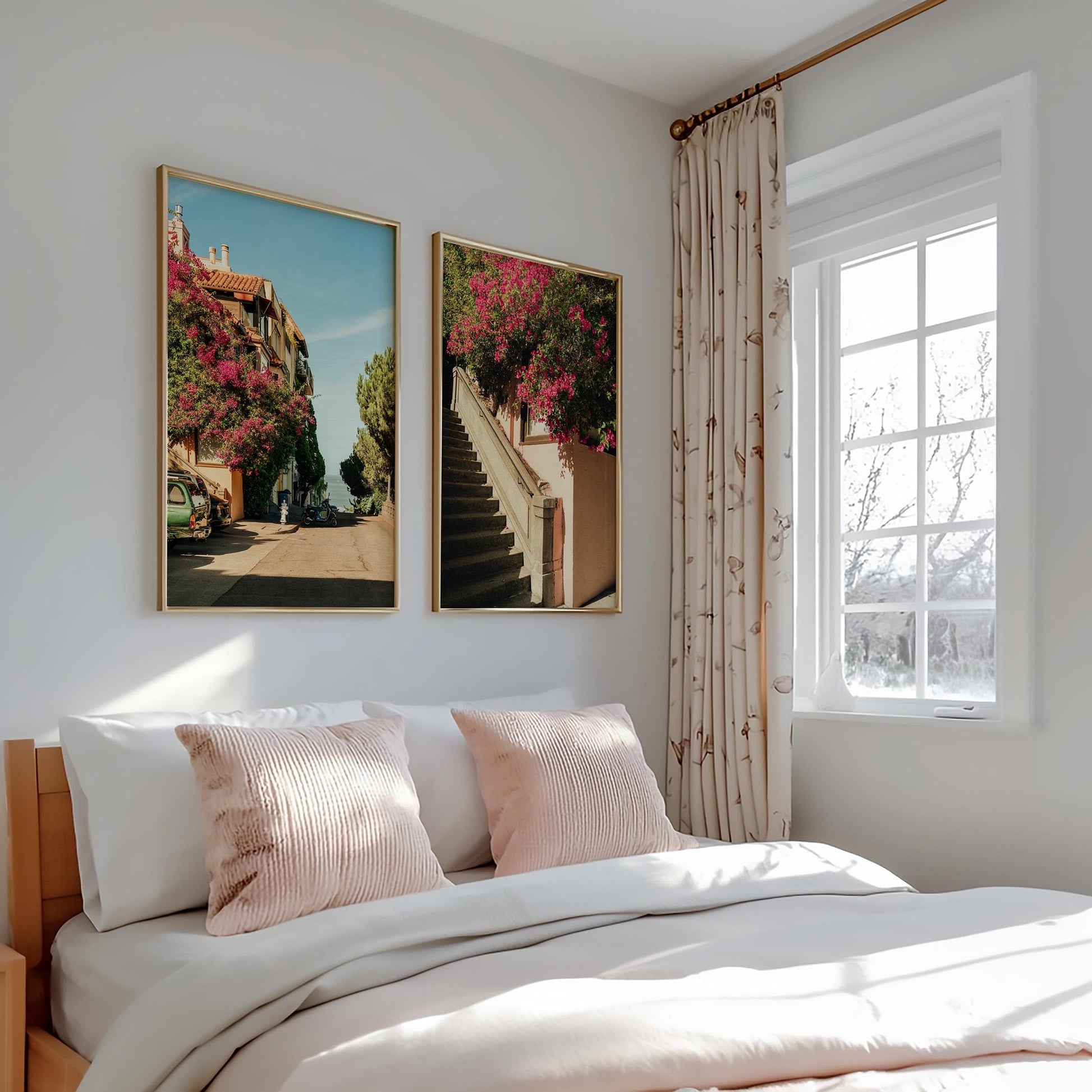 Set of 2 Pink Flowers Travel Wall Art, San Francisco Bougainvillea Prints, Framed or Unframed Floral Street Photography