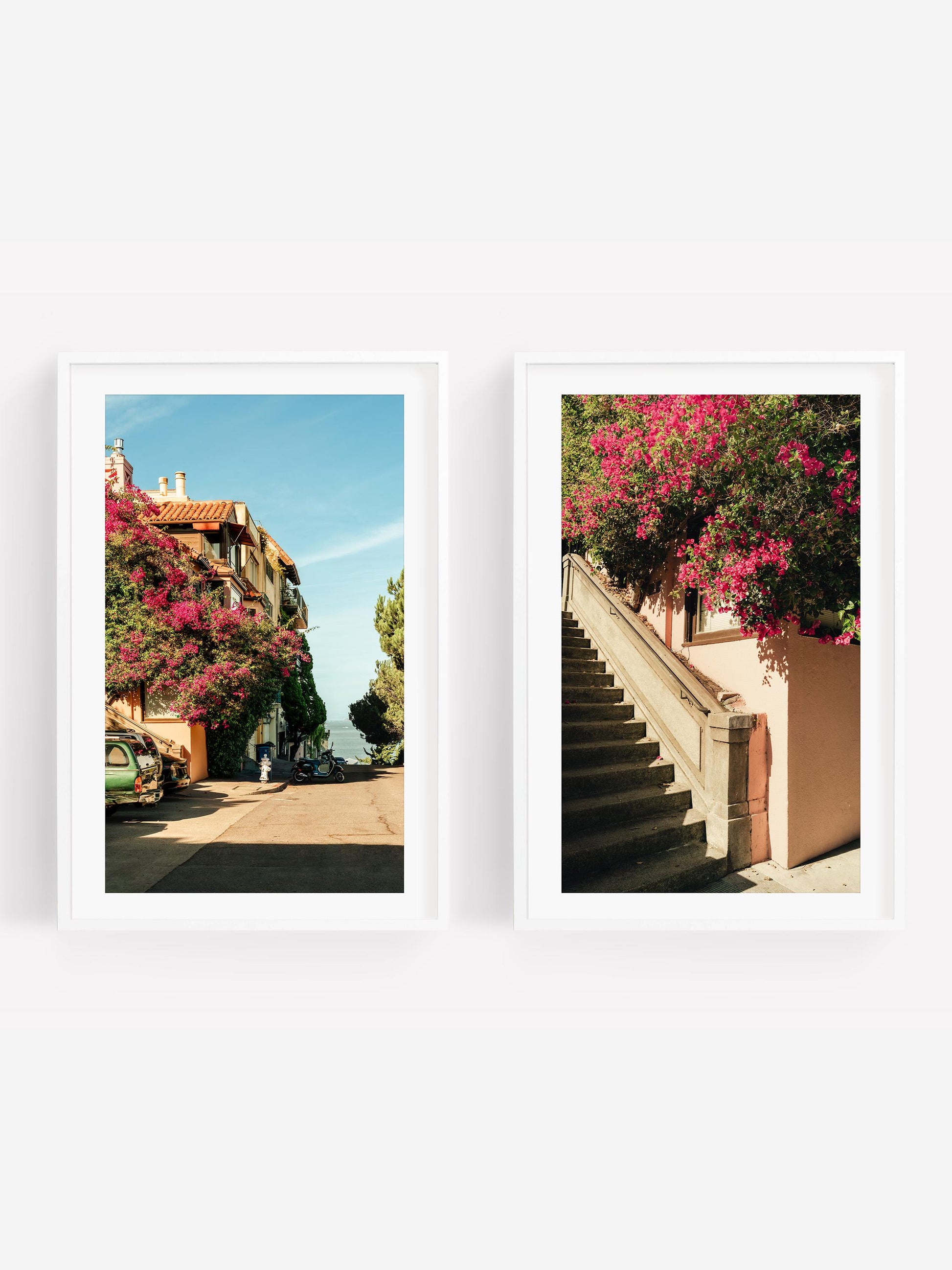 Set of 2 Pink Flowers Travel Wall Art, San Francisco Bougainvillea Prints, Framed or Unframed Floral Street Photography