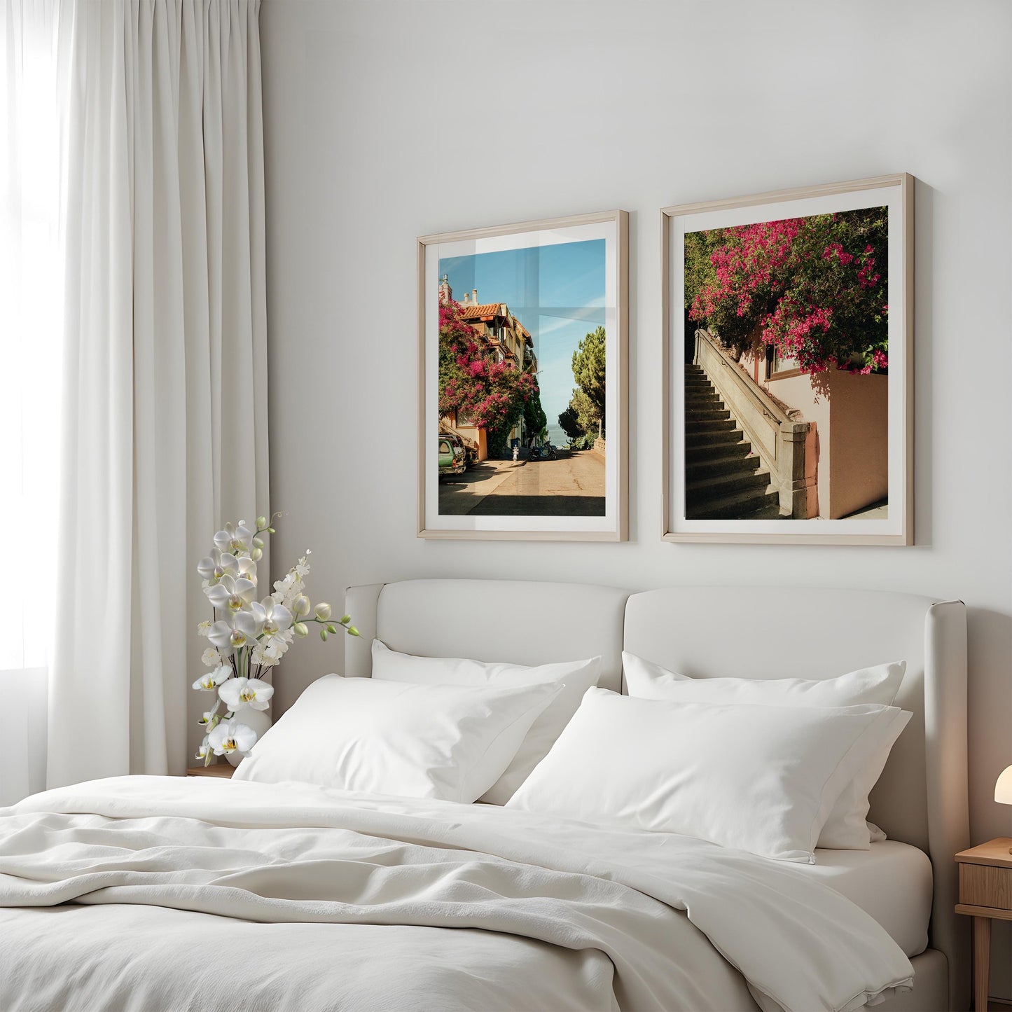 Set of 2 Pink Flowers Travel Wall Art, San Francisco Bougainvillea Prints, Framed or Unframed Floral Street Photography