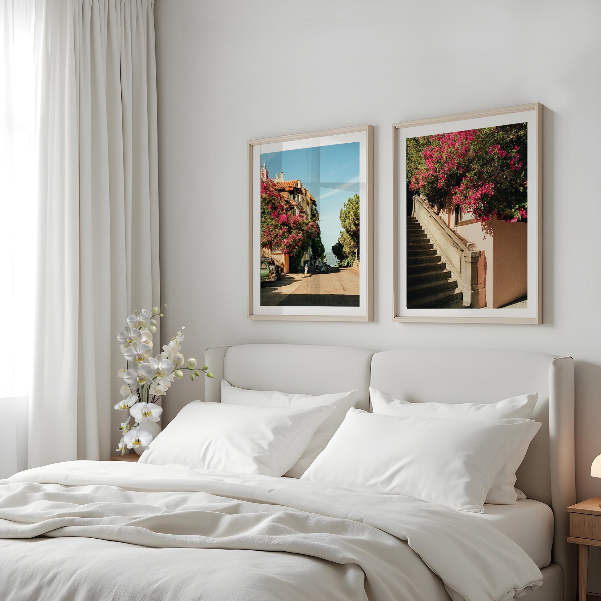 Set of 2 Pink Flowers Travel Wall Art, San Francisco Bougainvillea Prints, Framed or Unframed Floral Street Photography