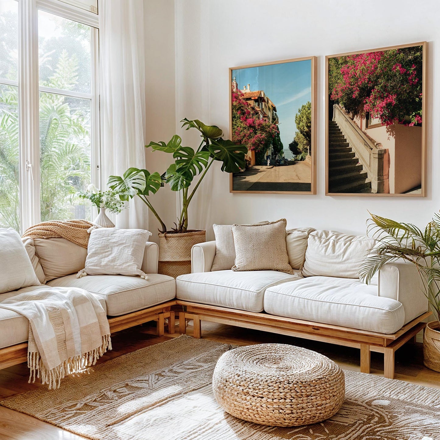 Set of 2 Pink Flowers Travel Wall Art, San Francisco Bougainvillea Prints, Framed or Unframed Floral Street Photography