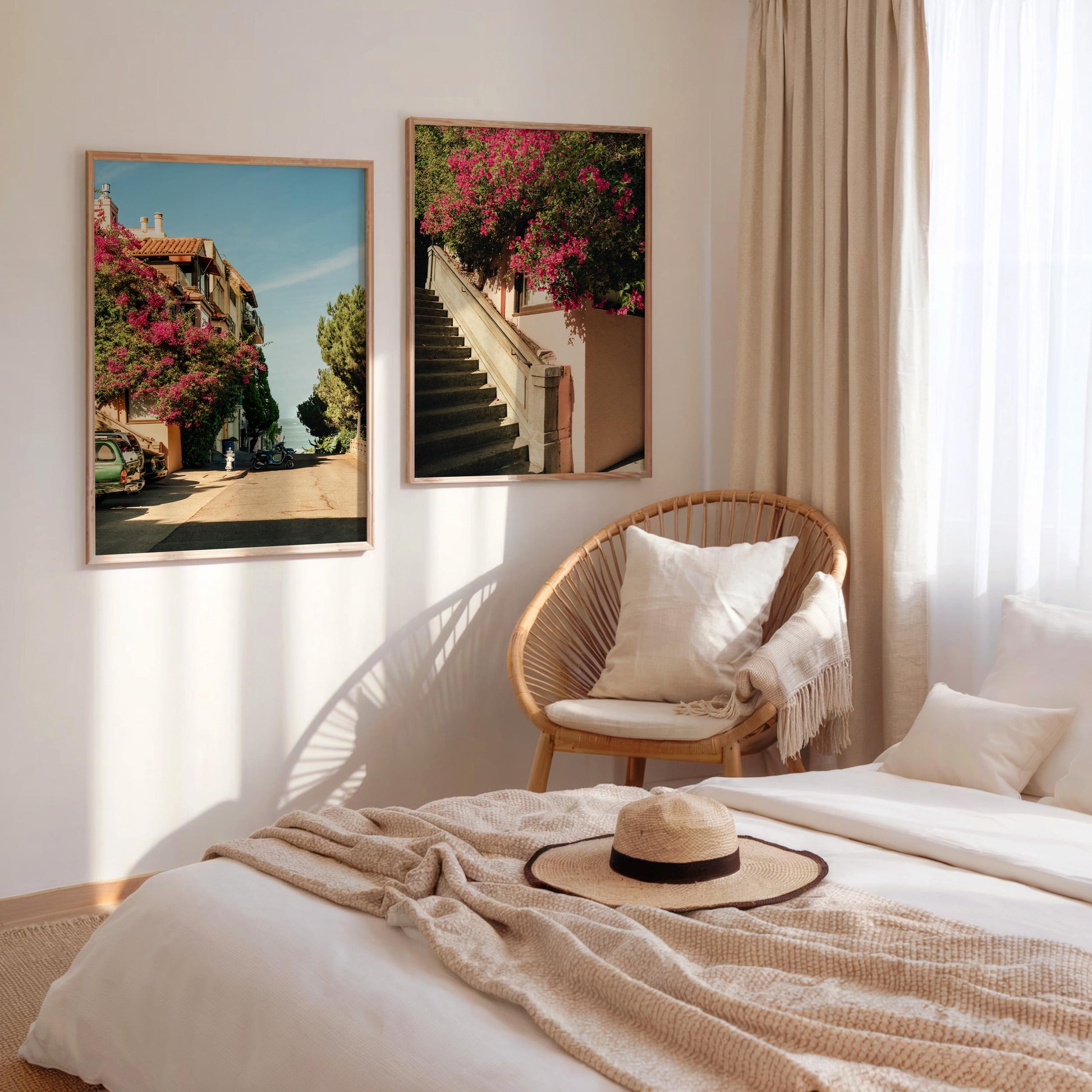 Set of 2 Pink Flowers Travel Wall Art, San Francisco Bougainvillea Prints, Framed or Unframed Floral Street Photography