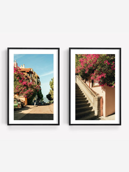 Set of 2 Pink Flowers Travel Wall Art, San Francisco Bougainvillea Prints, Framed or Unframed Floral Street Photography