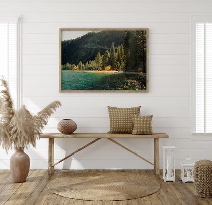 Lake Tahoe Shoreline Photography, Golden Hour Pine Trees Print, Alpine Lake Mountainscape, Framed Photo Wall Art