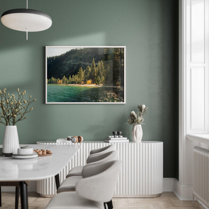 Lake Tahoe Shoreline Photography, Golden Hour Pine Trees Print, Alpine Lake Mountainscape, Framed Photo Wall Art