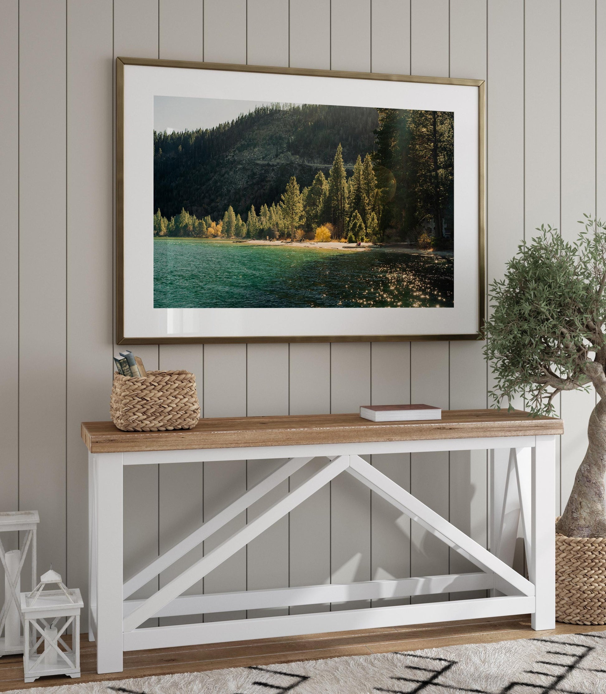 Lake Tahoe Shoreline Photography, Golden Hour Pine Trees Print, Alpine Lake Mountainscape, Framed Photo Wall Art
