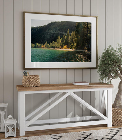 Lake Tahoe Shoreline Photography, Golden Hour Pine Trees Print, Alpine Lake Mountainscape, Framed Photo Wall Art