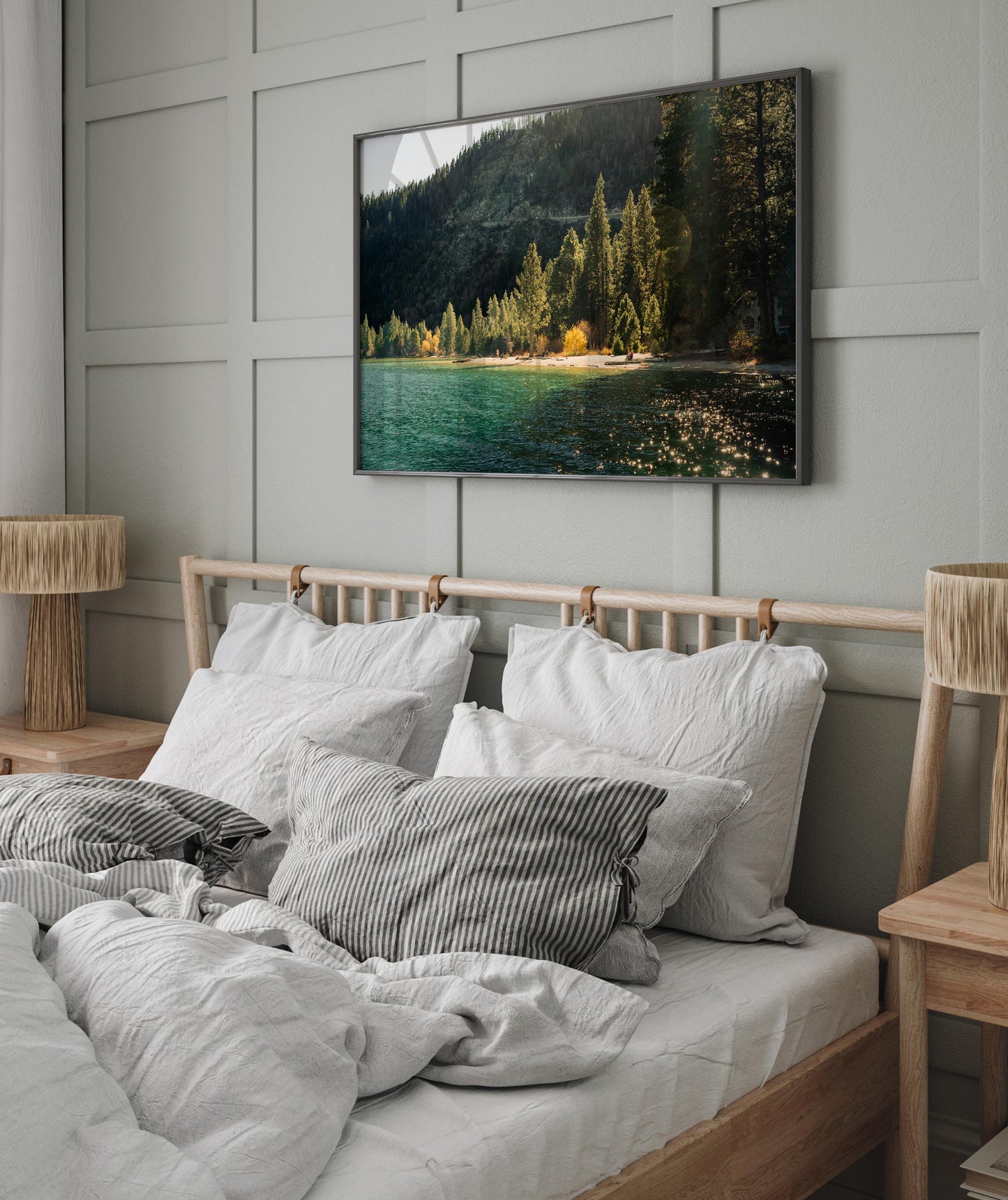 Lake Tahoe Shoreline Photography, Golden Hour Pine Trees Print, Alpine Lake Mountainscape, Framed Photo Wall Art