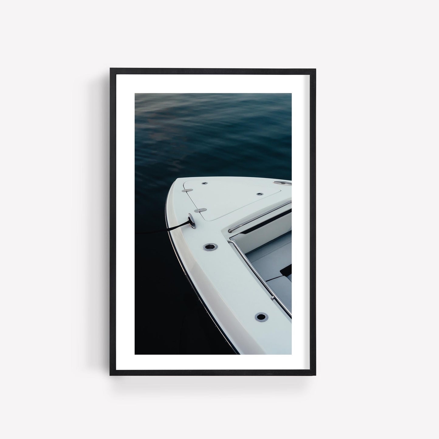 Framed “Blue Hour Mooring” photo: white boat on calm dark water with a white background.
