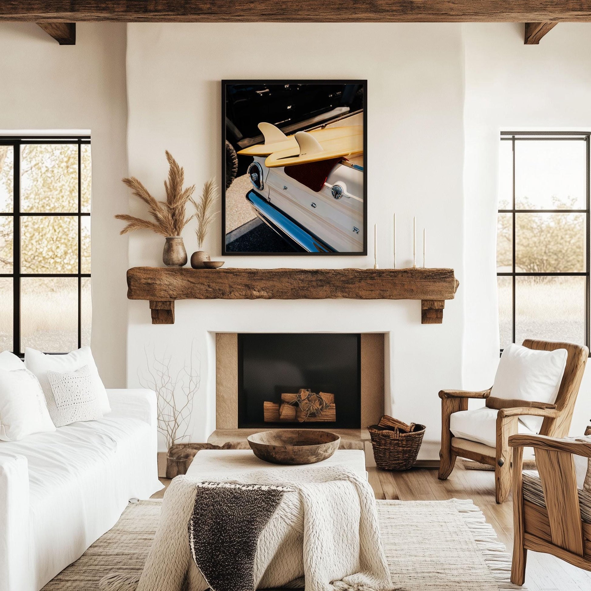 Surfboard and Vintage Car Print, Retro Surf Decor, Ditch Plains Montauk Wall Art, Framed or Unframed